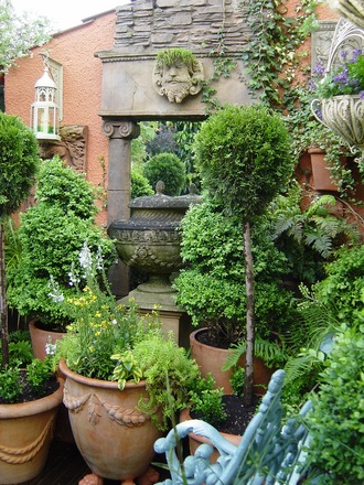 A view of the temple ruin folly in the Italianate garden.