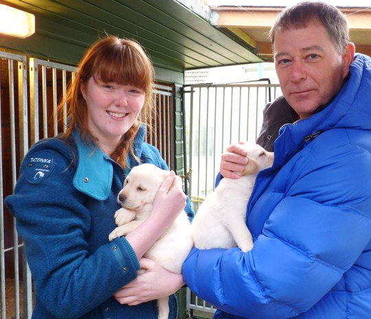 Rachel and Daddy with puppies!